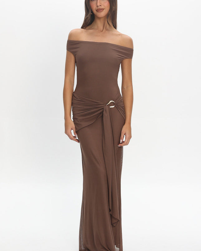 Cocoa Boat Neck Sash Maxi Dress