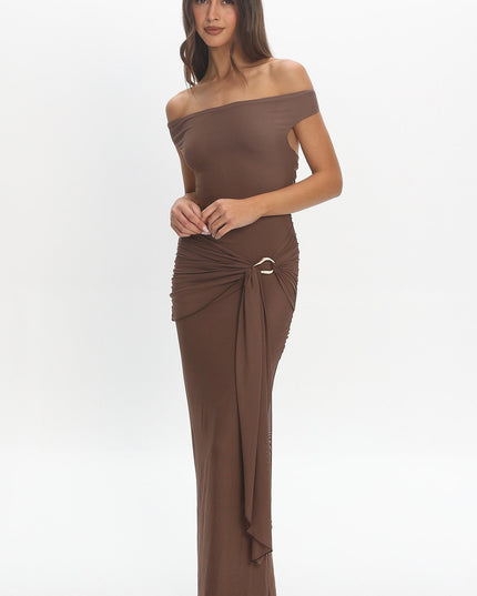 Cocoa Boat Neck Sash Maxi Dress