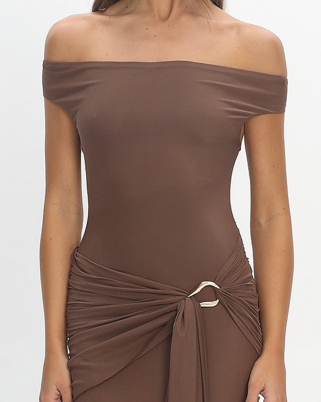 Cocoa Boat Neck Sash Maxi Dress