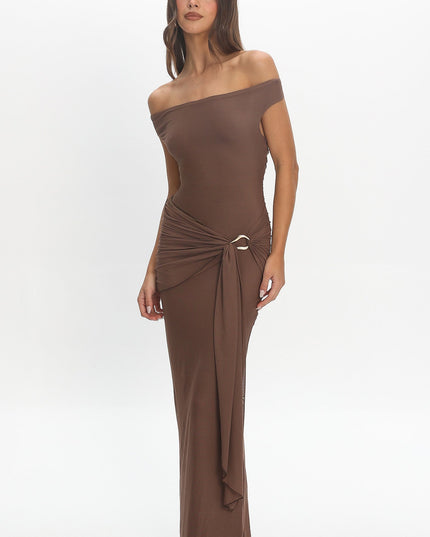 Cocoa Boat Neck Sash Maxi Dress