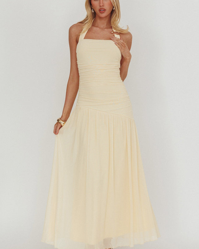Yellow Azure Sun Halterneck Drop Waist Maxi Dress