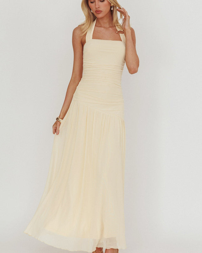 Yellow Azure Sun Halterneck Drop Waist Maxi Dress