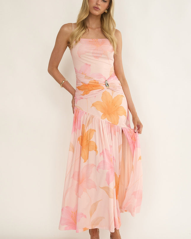 Orange Azure Sun Drop Waist Split Maxi Dress Print
