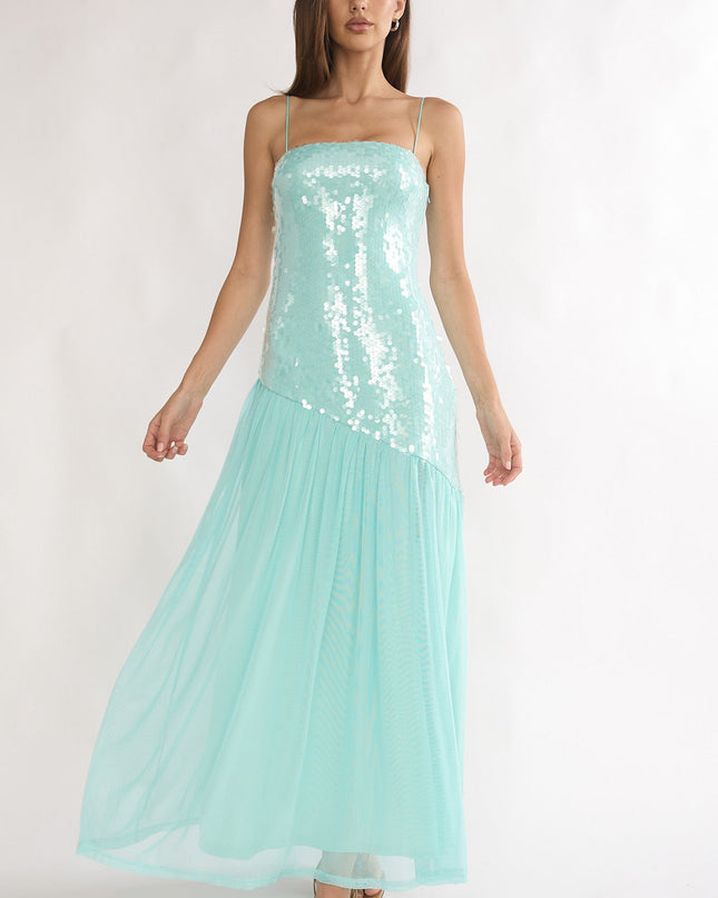 Aqua Azure Sun Drop Waist Split Maxi Dress Sequin