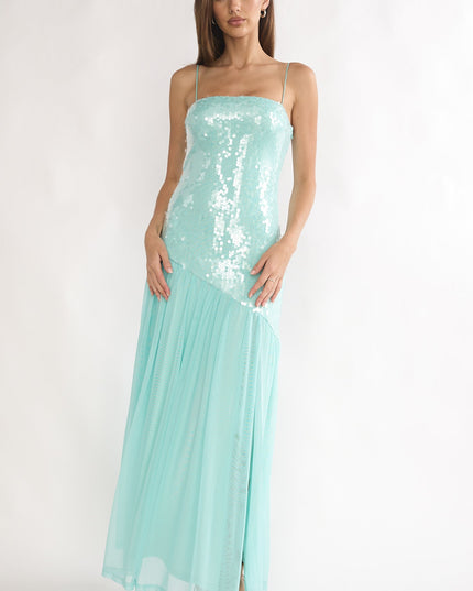Aqua Azure Sun Drop Waist Split Maxi Dress Sequin
