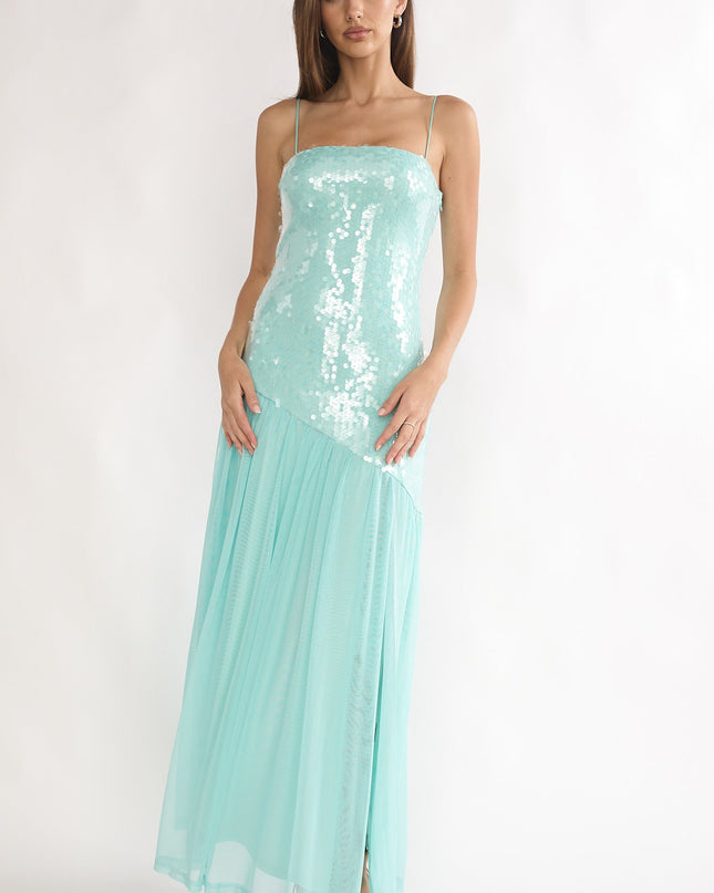 Aqua Azure Sun Drop Waist Split Maxi Dress Sequin