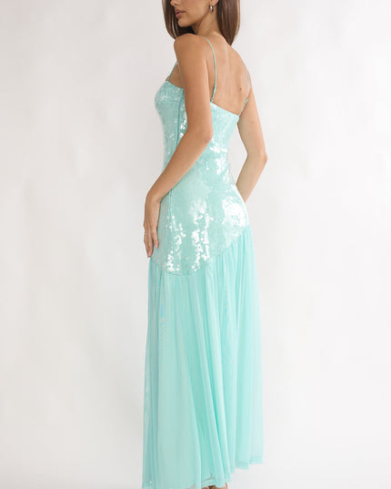 Aqua Azure Sun Drop Waist Split Maxi Dress Sequin