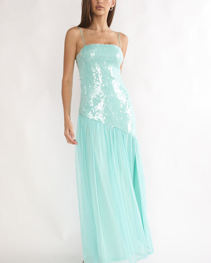 Aqua Azure Sun Drop Waist Split Maxi Dress Sequin
