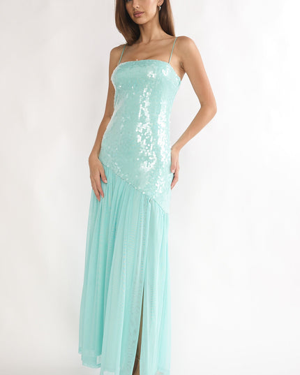 Aqua Azure Sun Drop Waist Split Maxi Dress Sequin