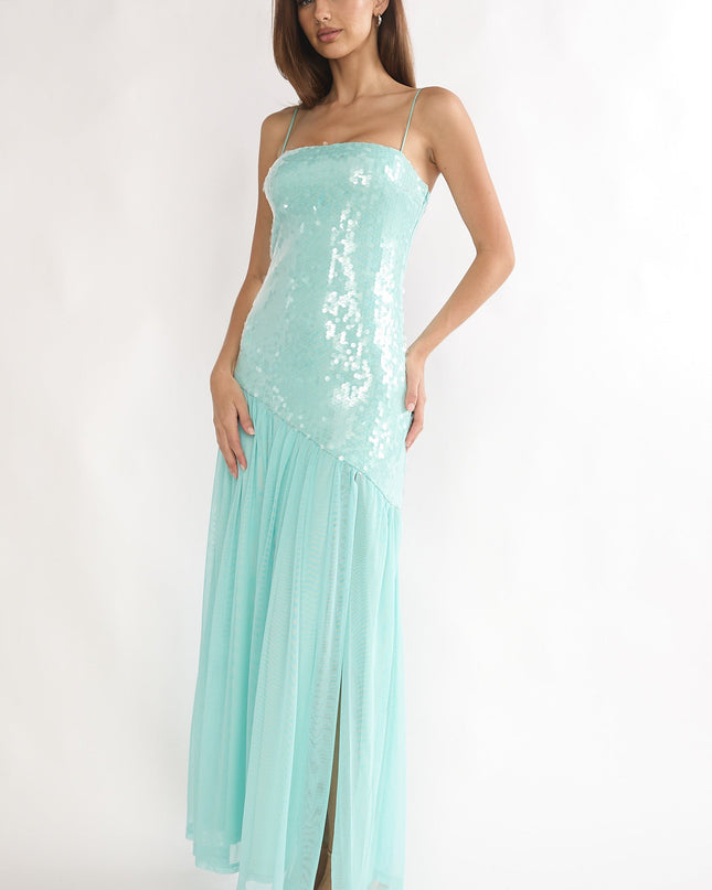 Aqua Azure Sun Drop Waist Split Maxi Dress Sequin