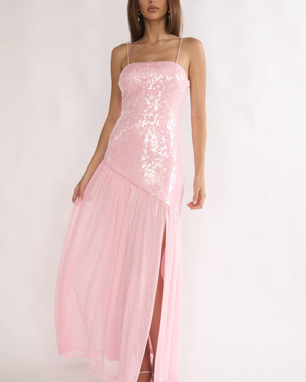 Pink Azure Sun Drop Waist Split Maxi Dress Sequin