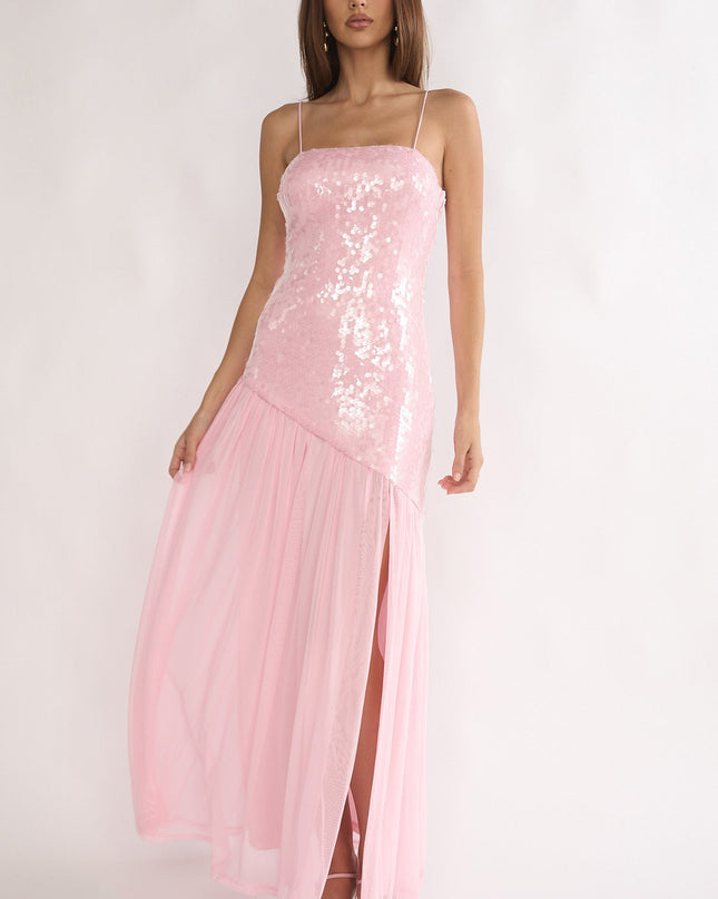 Pink Azure Sun Drop Waist Split Maxi Dress Sequin