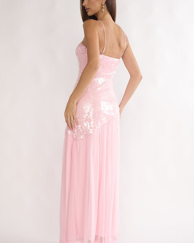 Pink Azure Sun Drop Waist Split Maxi Dress Sequin