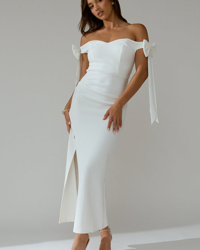 White Off-Shoulder Bow Sleeve Maxi Dress