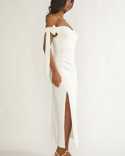 White Off-Shoulder Bow Sleeve Maxi Dress