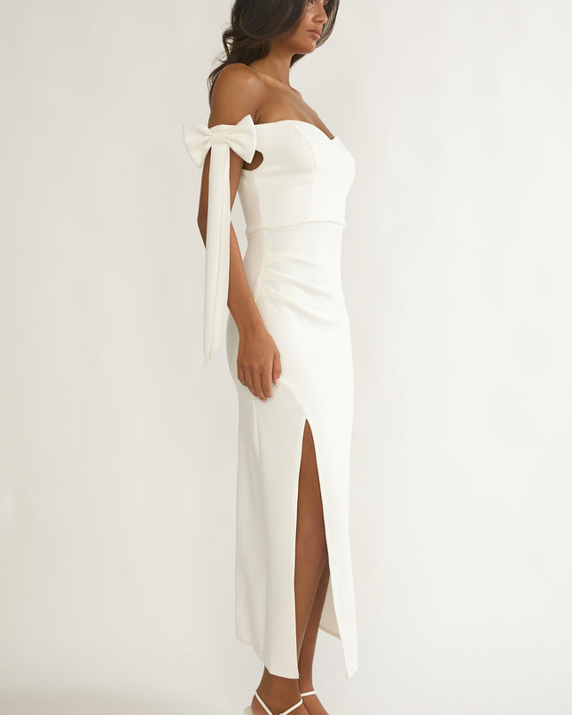 White Off-Shoulder Bow Sleeve Maxi Dress