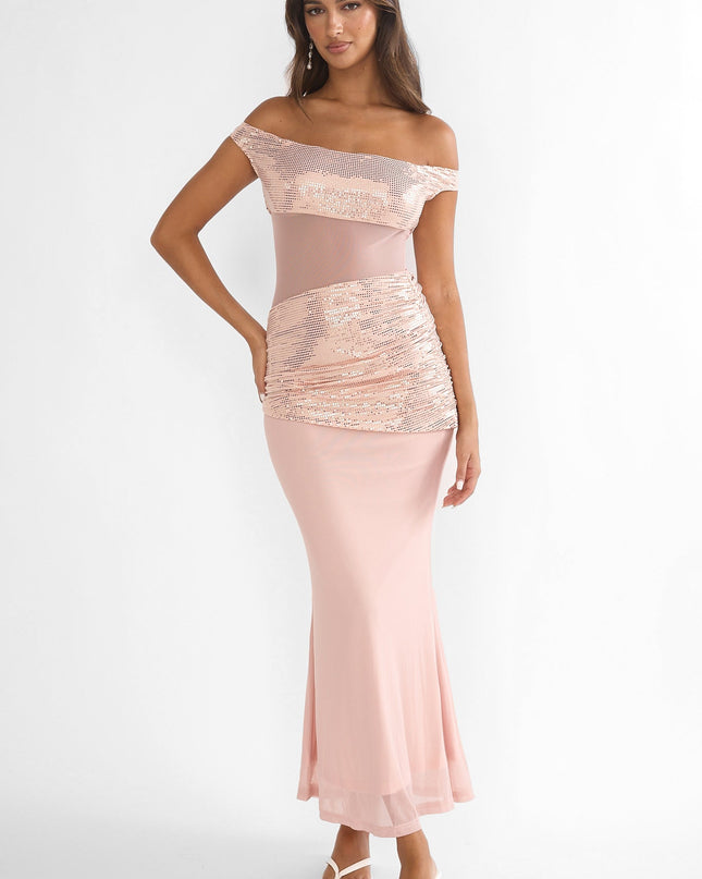 Nude Off-Shoulder Sequin Trim Maxi Dress