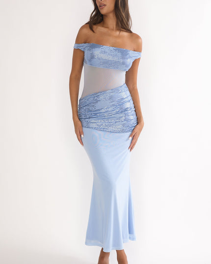 Blue Off-Shoulder Sequin Trim Maxi Dress