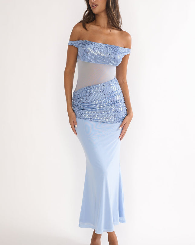 Blue Off-Shoulder Sequin Trim Maxi Dress