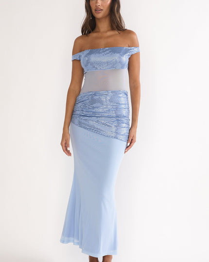 Blue Off-Shoulder Sequin Trim Maxi Dress