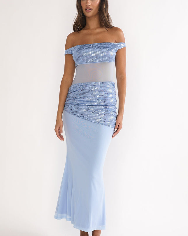 Blue Off-Shoulder Sequin Trim Maxi Dress