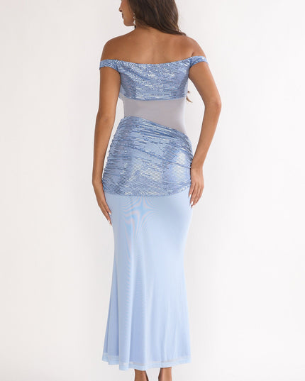 Blue Off-Shoulder Sequin Trim Maxi Dress