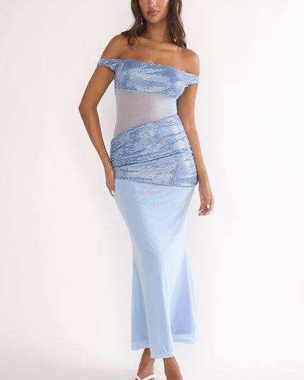 Blue Off-Shoulder Sequin Trim Maxi Dress