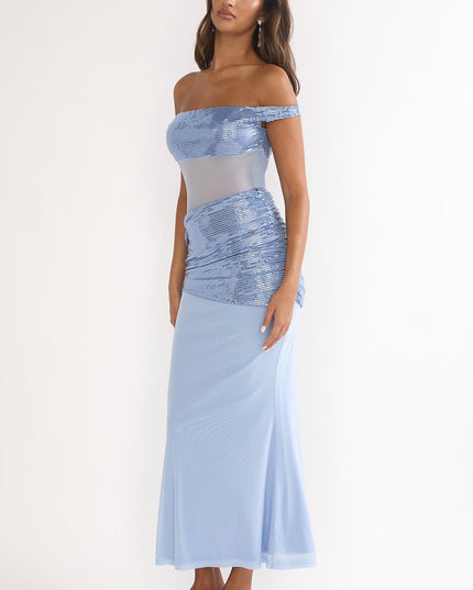 Blue Off-Shoulder Sequin Trim Maxi Dress