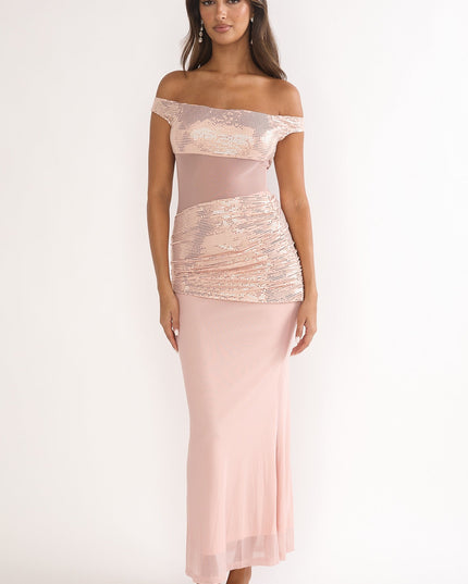 Nude Off-Shoulder Sequin Trim Maxi Dress