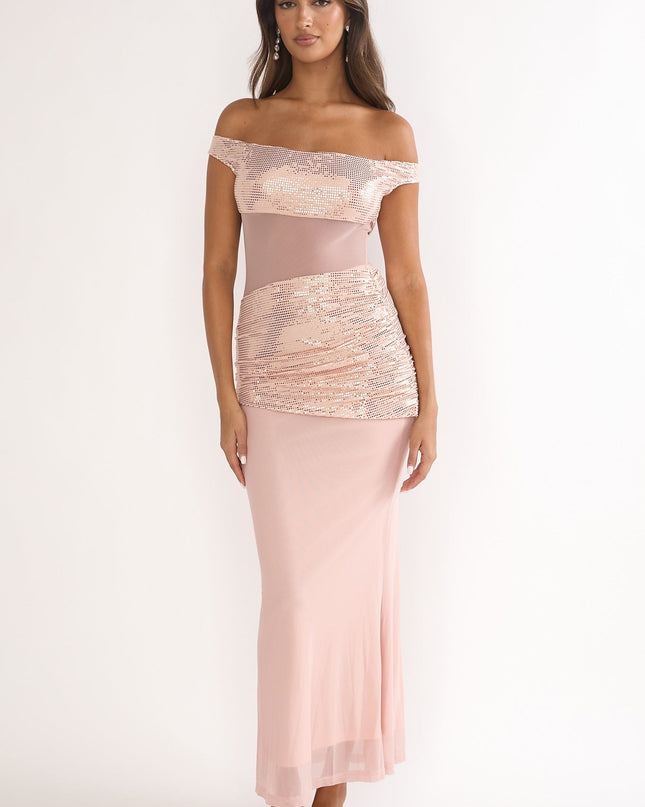 Nude Off-Shoulder Sequin Trim Maxi Dress