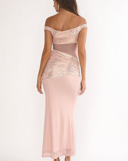 Nude Off-Shoulder Sequin Trim Maxi Dress
