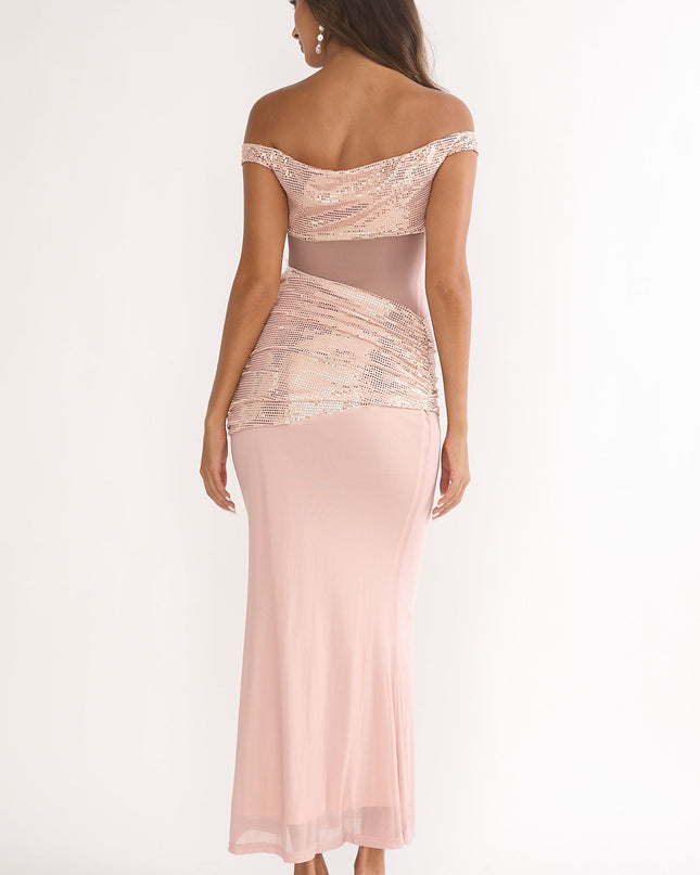 Nude Off-Shoulder Sequin Trim Maxi Dress