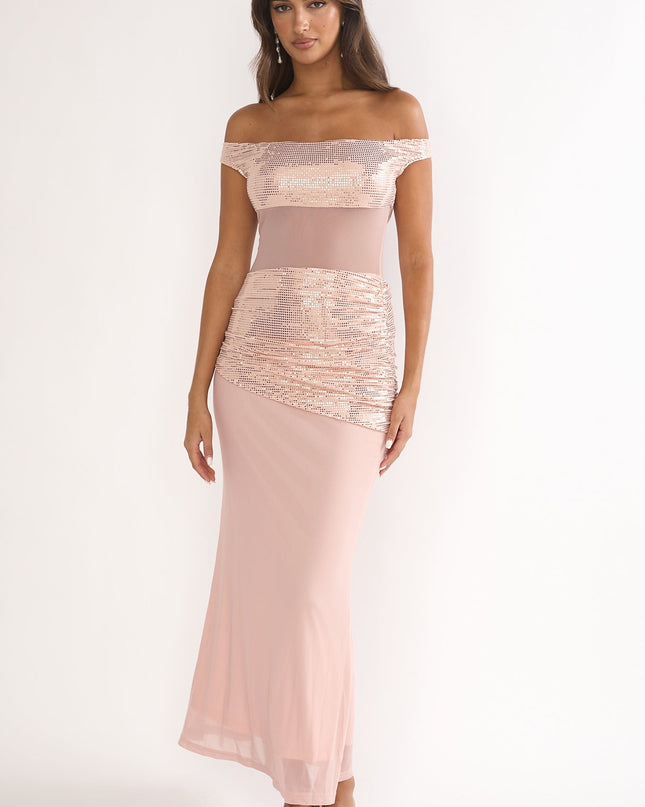 Nude Off-Shoulder Sequin Trim Maxi Dress