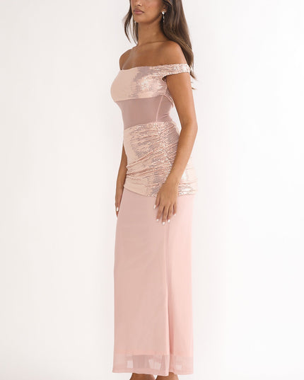 Nude Off-Shoulder Sequin Trim Maxi Dress