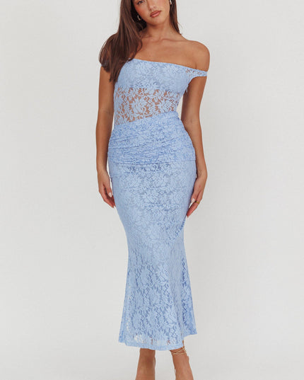 Blue Off-Shoulder Lace Maxi Dress