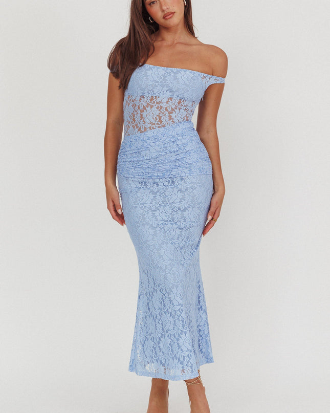 Blue Off-Shoulder Lace Maxi Dress