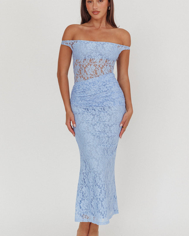 Blue Off-Shoulder Lace Maxi Dress