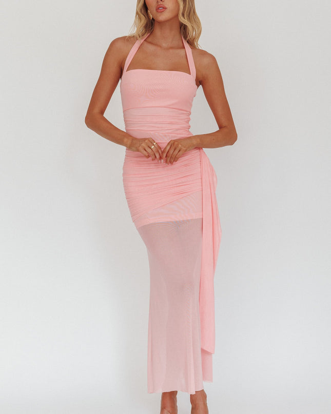 Pink Halterneck Side Sash Maxi Dress