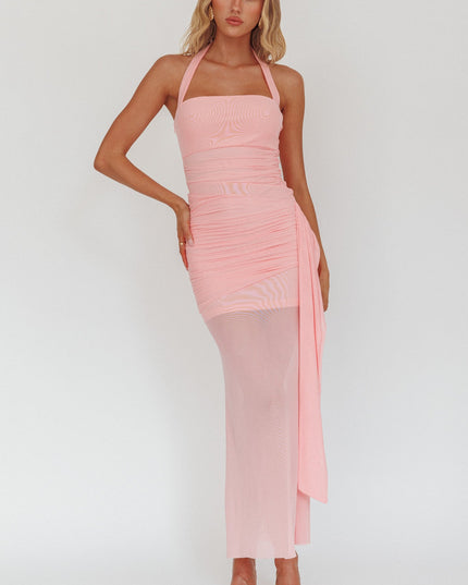 Pink Halterneck Side Sash Maxi Dress