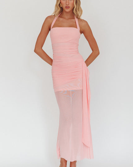 Pink Halterneck Side Sash Maxi Dress