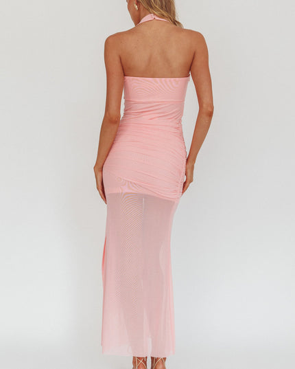 Pink Halterneck Side Sash Maxi Dress