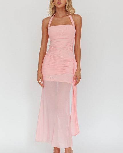Pink Halterneck Side Sash Maxi Dress