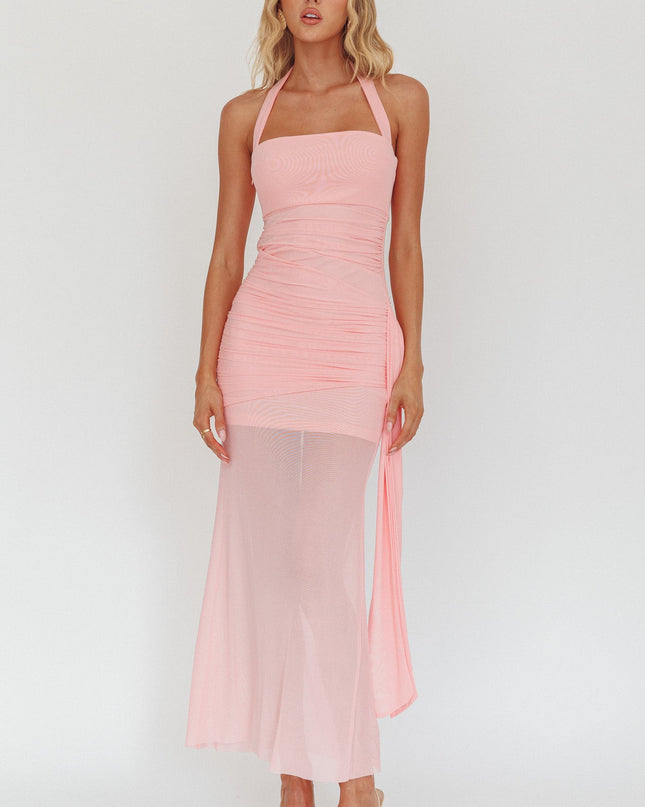 Pink Halterneck Side Sash Maxi Dress