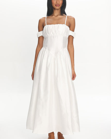 Ivory Off-Shoulder Basque Waist Midi Dress