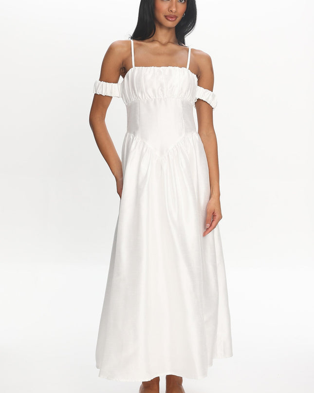 Ivory Off-Shoulder Basque Waist Midi Dress
