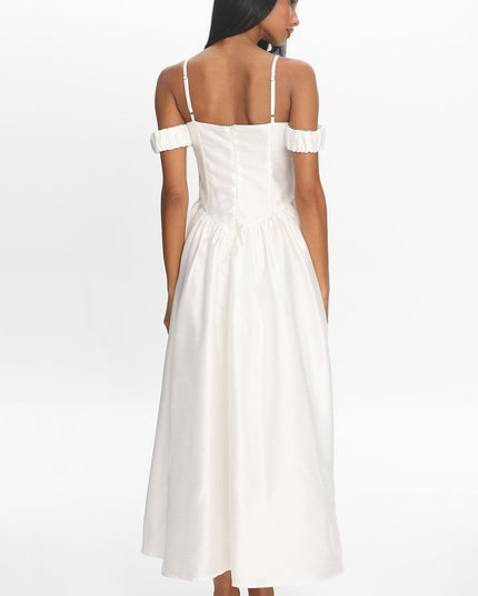 Ivory Off-Shoulder Basque Waist Midi Dress