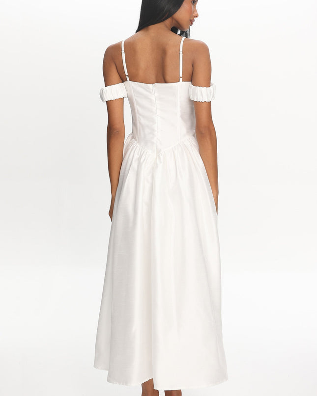 Ivory Off-Shoulder Basque Waist Midi Dress