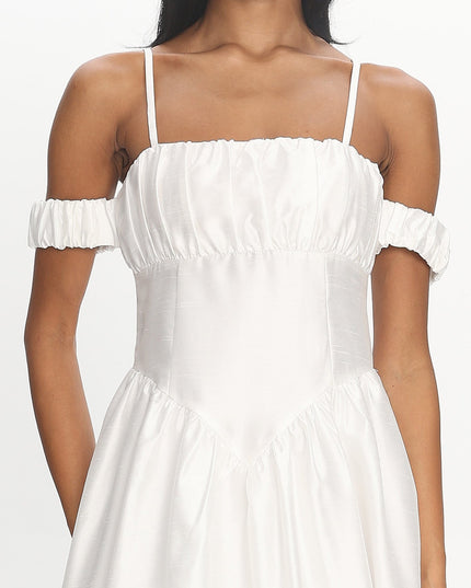 Ivory Off-Shoulder Basque Waist Midi Dress