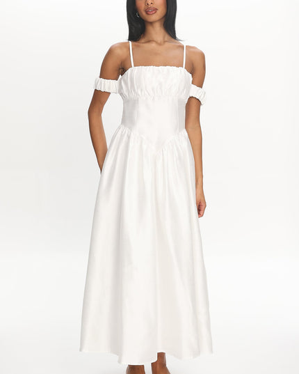 Ivory Off-Shoulder Basque Waist Midi Dress