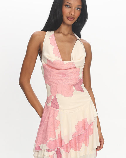 Blush Cowl Ruffle Mini Dress Floral